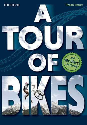 Book cover featuring large text, a boy on a bike, and mountains.