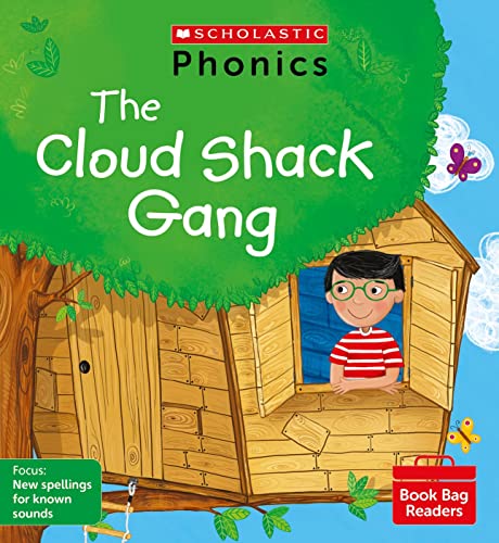Book cover with a treehouse, a boy, and colorful text: "The Cloud Shack Gang".