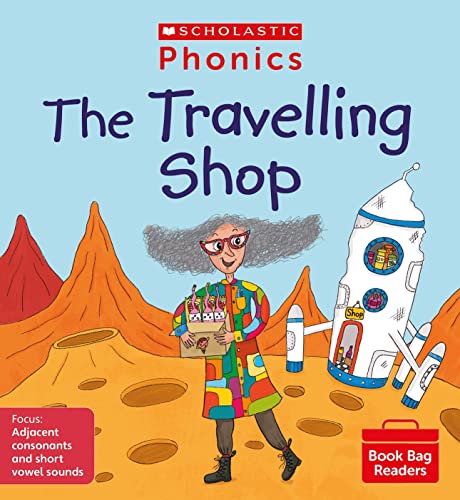 Book cover: woman with shop in a rocket on orange terrain.