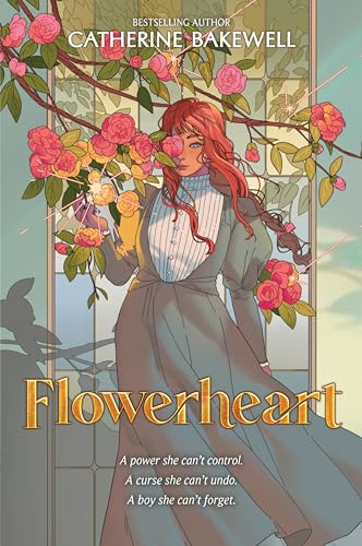 Book cover: woman with red hair surrounded by pink flowers.
