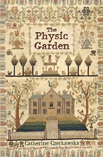 Book cover featuring an antique sampler embroidery of a house, trees, and floral borders.