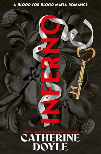Book cover with red text, a white ribbon, and a gold key on black flowers.