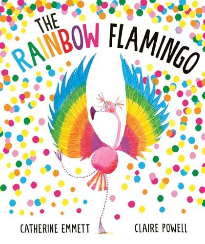 Book cover featuring a pink flamingo with rainbow wings against a colorful confetti background.