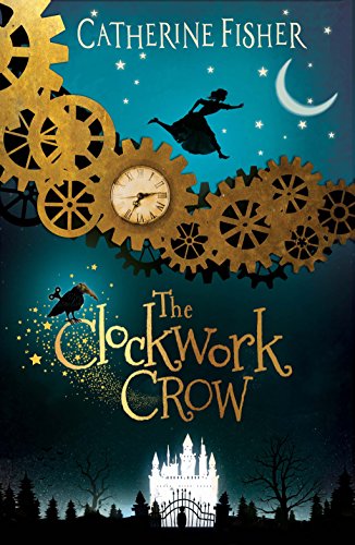 Book cover: gears, a crow, a girl, moon, and distant castle silhouette.
