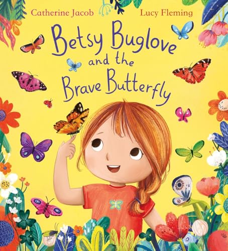 A girl with red hair smiles as a butterfly lands on her finger.