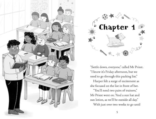 Classroom scene with children, a teacher, and a small dog illustration.