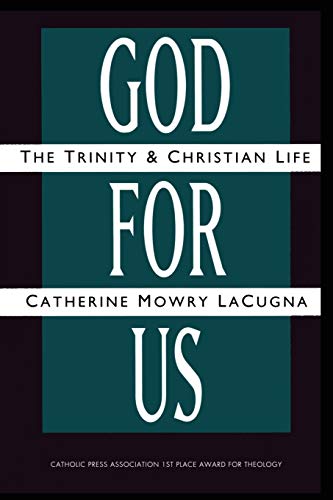 Book cover: "God For Us" by Catherine Mowry Lacugna, teal and white text.