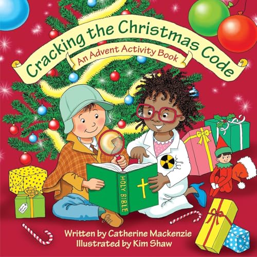 Children with magnifying glass investigate a book amidst Christmas decorations.
