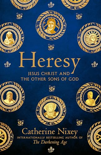 Book cover for "Heresy" with gold portraits on a dark blue background.