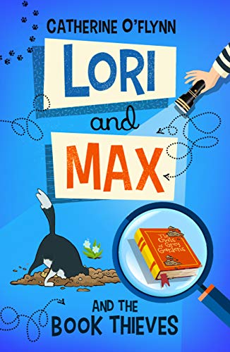 Book cover with blue background, cat, magnifying glass, and red text.