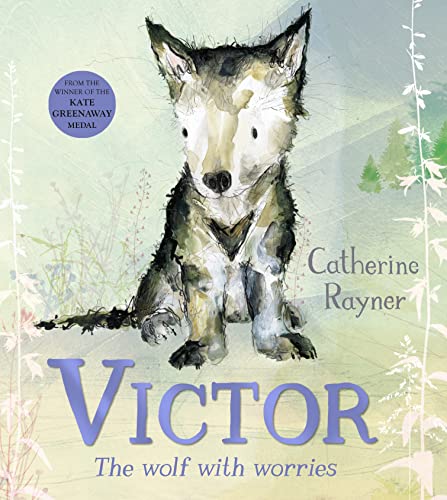 Watercolor illustration of a sad, young wolf cub sitting in grass.