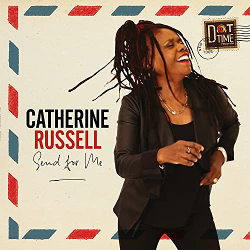 Catherine Russell smiling on an airmail-themed album cover with text Send For Me.