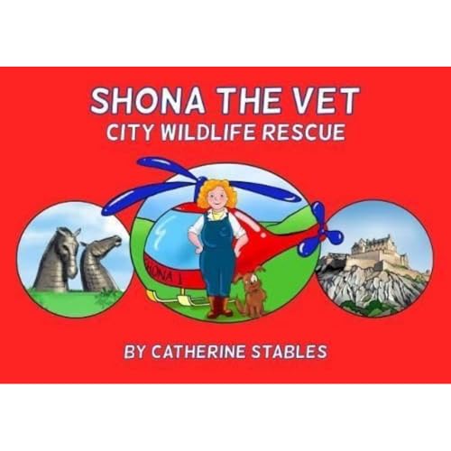 Book cover: vet Shona with animals, helicopter, and city scenes.