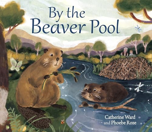 Two beavers by a pond with a dam and mountain range in the background.