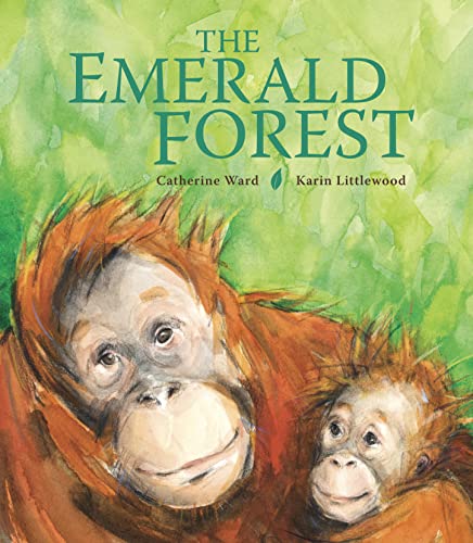 Watercolor illustration of an adult orangutan and a baby orangutan against green foliage.