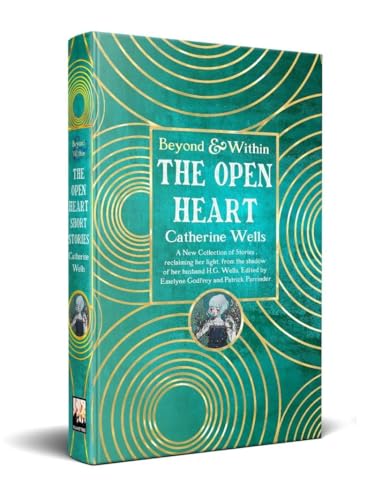 Book cover, teal and gold swirls, portrait of a woman, title “The Open Heart”.