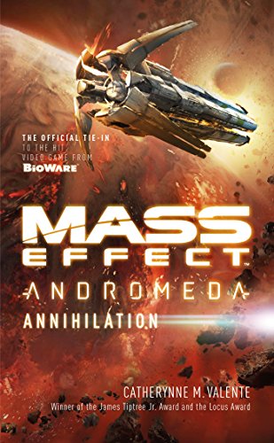 Book cover for Mass Effect: Annihilation featuring a spaceship flying over a burning planet.