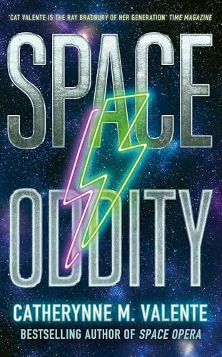 Book cover for “Space Oddity” with large silver text and a neon lightning bolt.