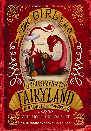 Book cover: girl and red dragon on a ship-shaped oval.