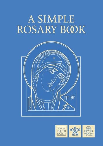 Blue book cover with a white line-art depiction of the Virgin Mary.