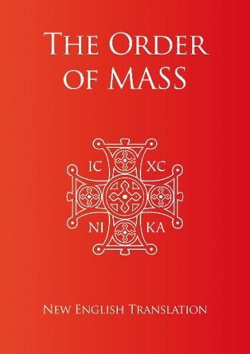 Red book cover titled The Order of Mass with a central white cross emblem.