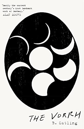 Book cover: black circle with white moon phases, title "The Vorrh".