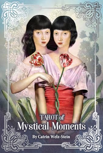 Tarot card box featuring two women holding red and white tulips.