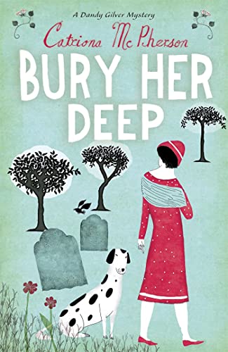 Book cover: woman and spotted dog in a graveyard setting.