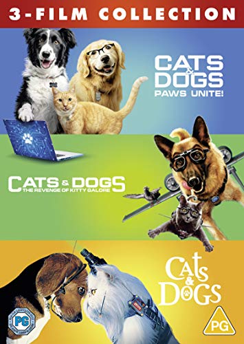 DVD cover featuring three Cats & Dogs films with dogs and cats in spy outfits.