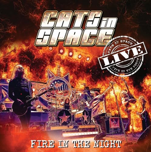 Cats In Space band performing live amidst a fiery, dramatic stage backdrop.