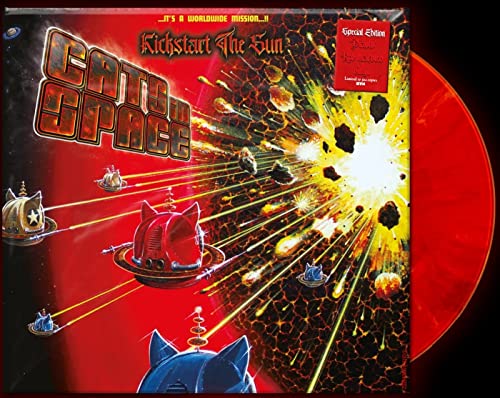 Vinyl record cover featuring cat-shaped spaceships firing lasers at an exploding sun.