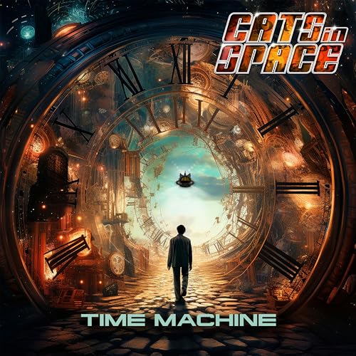 Album cover: a man looks into a clock-shaped time machine portal.