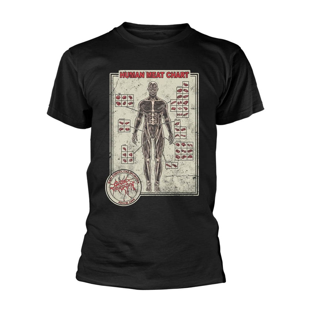 Black t-shirt with anatomical chart graphic and band logo, "Cattle Decapitation".