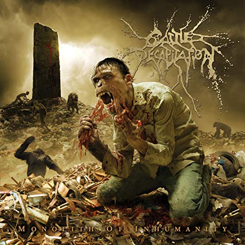 Album cover: Distressed man amidst rubble, dark monolith in background.