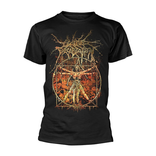 Black t-shirt with a gold and red graphic of a figure in a circle.