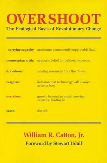 Yellow book cover with red title "Overshoot" and ecological definitions.