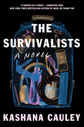 Book cover: “The Survivalists” with a backpack filled with survival gear.