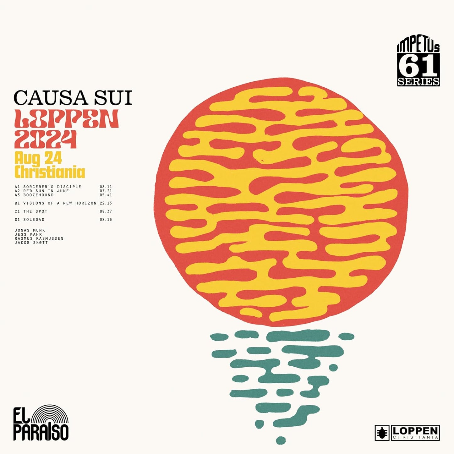 CD cover for Causa Sui’s “Loppen 2024” with red sun and green waves.