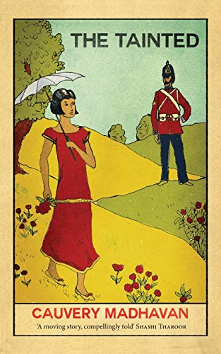 Book cover: woman in red dress, soldier, and umbrella in a landscape.