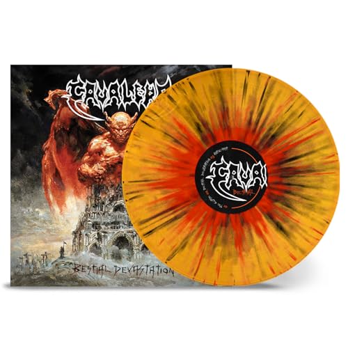 Orange and yellow splatter vinyl record next to its dark fantasy album cover.