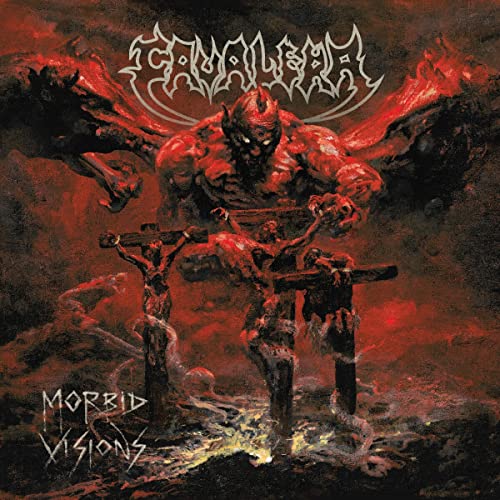 Cavalera "Morbid Visions" album cover: demonic figure over crucified forms.