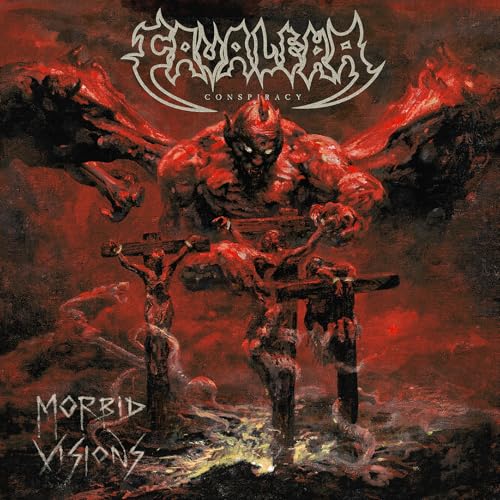 Album cover featuring a winged red demon looming over three figures on crosses.