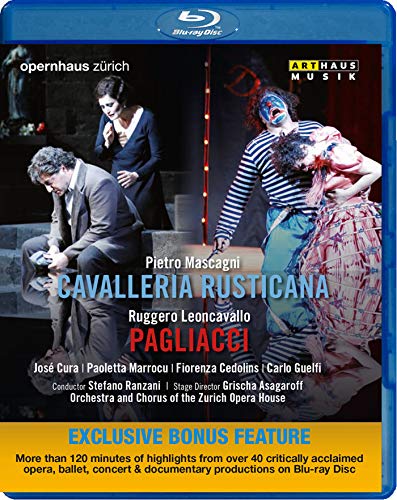 Blu-ray cover for operas Cavalleria Rusticana and Pagliacci, featuring stage scenes.