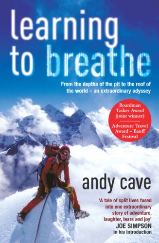 Book cover: “Learning to Breathe” with a climber on a snowy mountain.