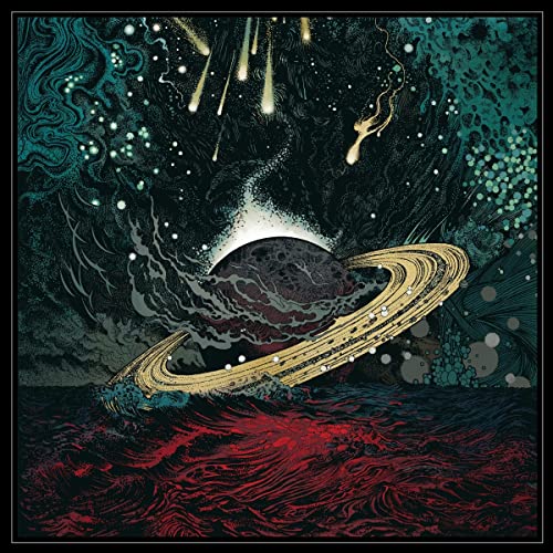A ringed planet floats above a dark red sea beneath a starry, cosmic sky.