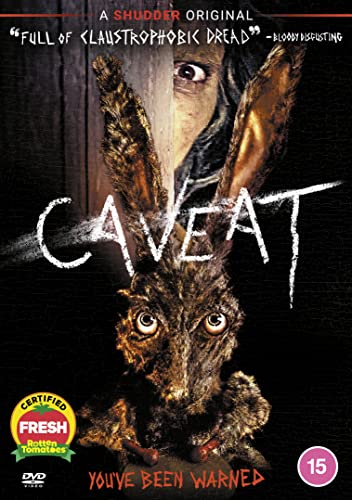 DVD cover for "Caveat" featuring a woman and a large, menacing rabbit.