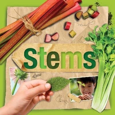 Book cover titled Stems featuring rhubarb, celery, a child's hand, and plant photos.