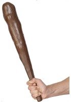 Brown, roughly textured wooden club held in a hand.