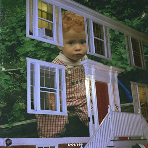 Child’s face framed by window cutouts in a leafy, red-toned album cover.
