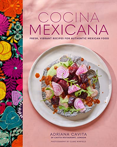 Cookbook cover: “Cocina Mexicana” with a colorful floral design and food photo.